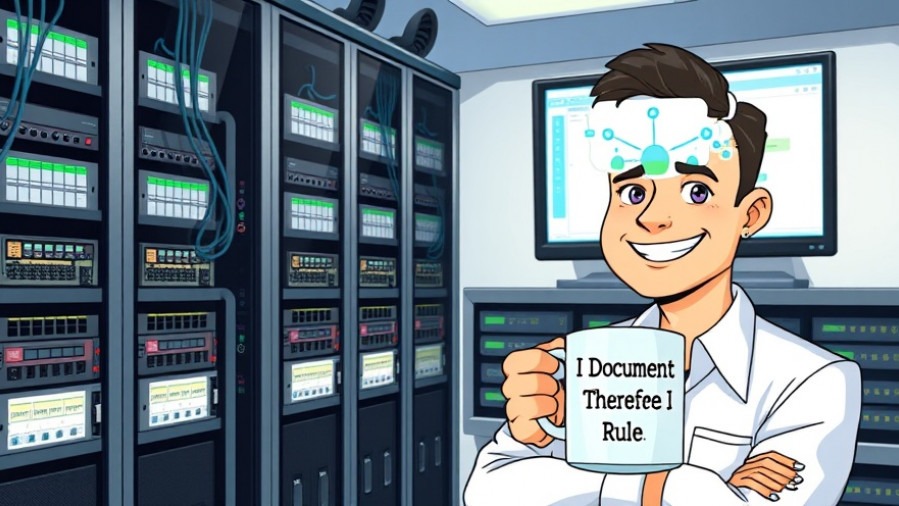 Modern network room with labeled cables and IT professional holding coffee mug