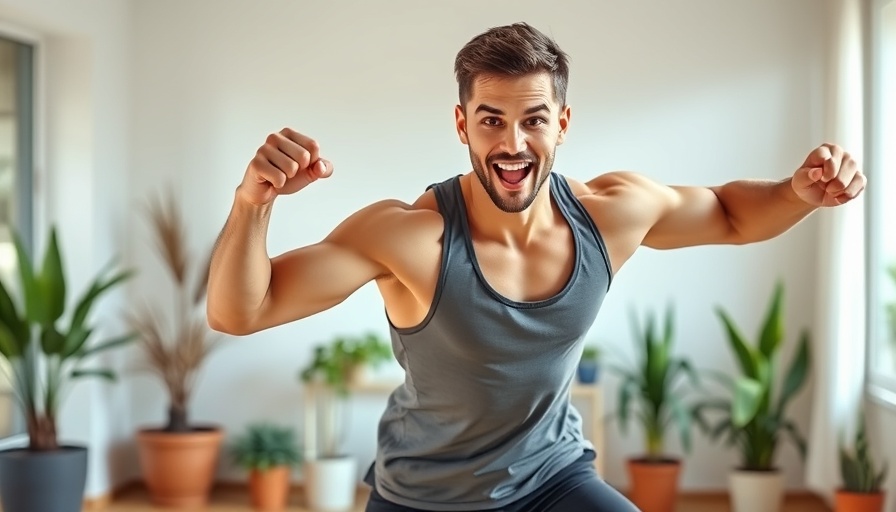 Dynamic young male demonstrates senior fitness exercises indoors.