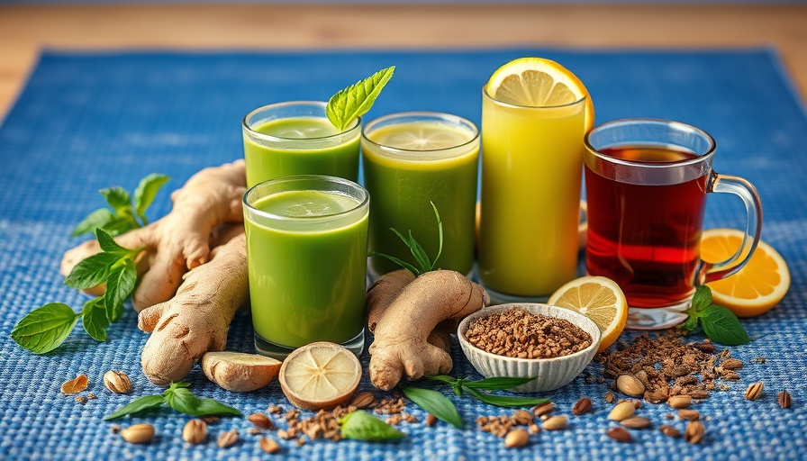 Colorful superfoods for acid reflux relief including ginger and herbal tea.