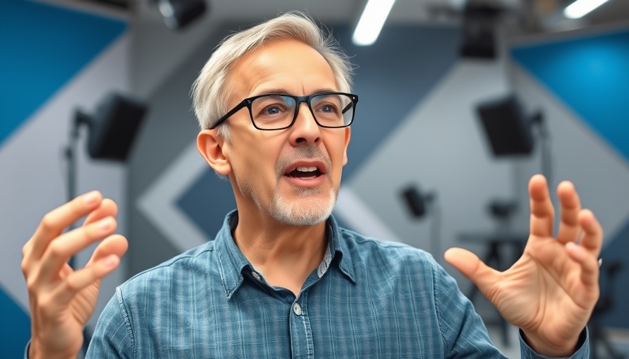 Middle-aged man enthusiastically discussing stem cells in a studio.