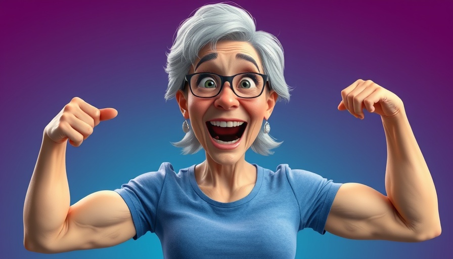 Aging woman shows muscle rebuilding progress in cartoon style.