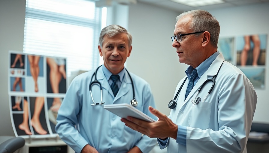 Medical professionals discuss varicose veins with illustrative display.