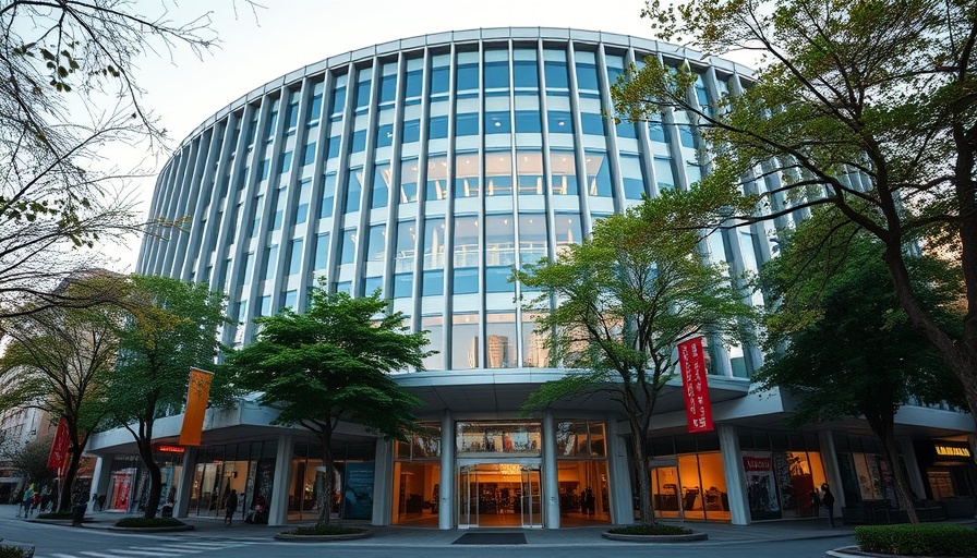 Modern building entrance with trees and banners.