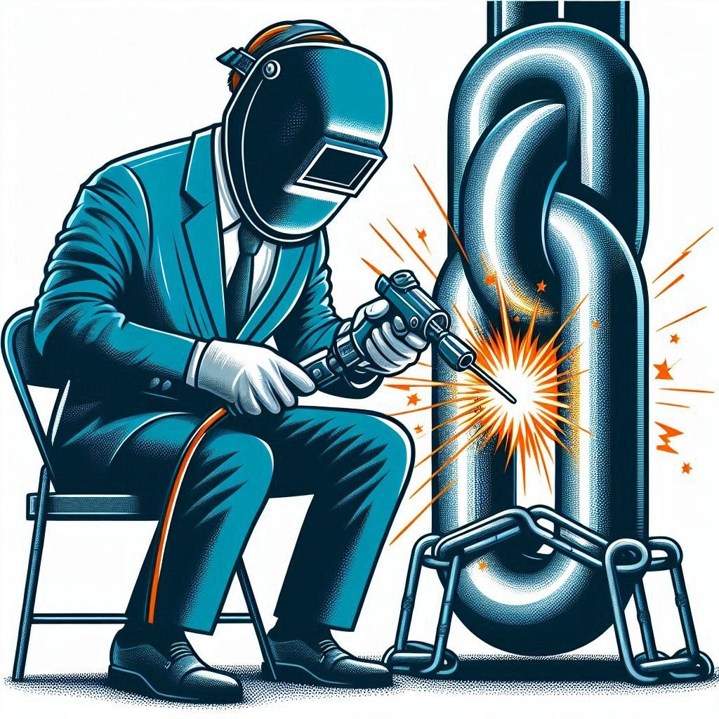 Welder in suit and tie using a welding torch on a chain link, strengthening the weakest link.
