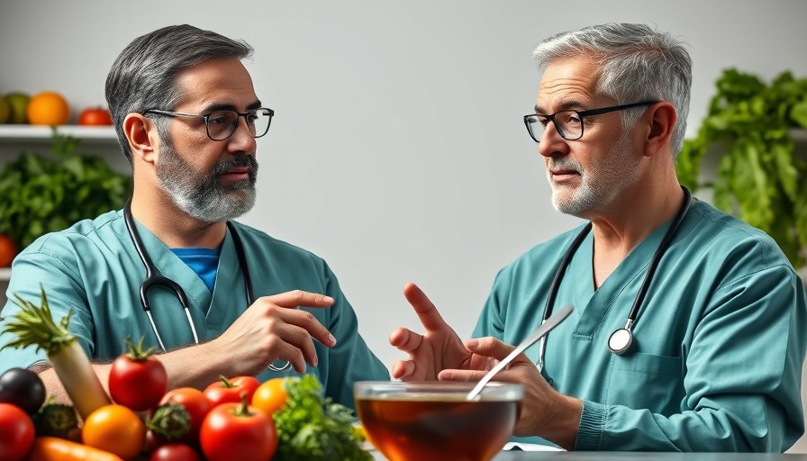 Doctors discussing fructose with vegetables and syrup background.
