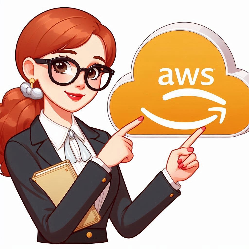 A female cartoon character with glasses pointing at the AWS logo