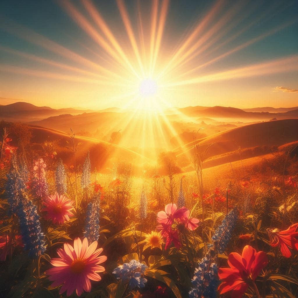 A blazing sunshine radiating over a serene landscape, hot summer