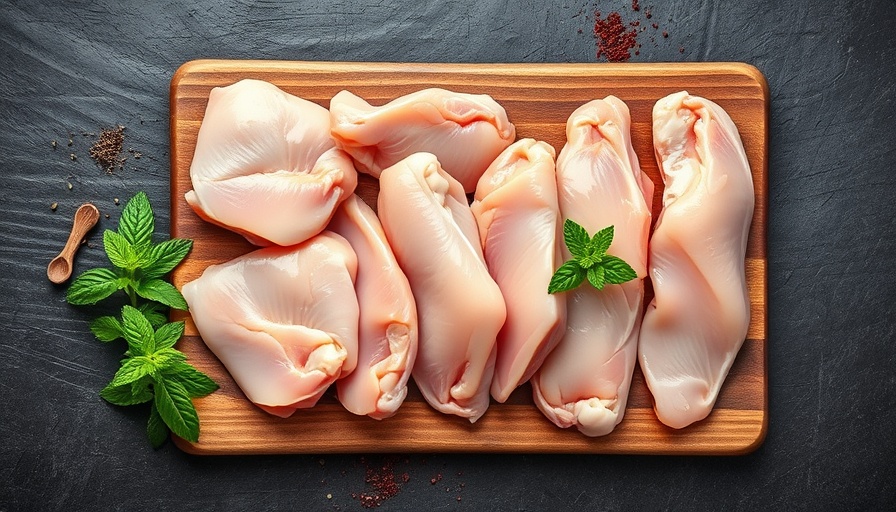 Raw chicken breast and thigh arranged on board with herbs and spices.