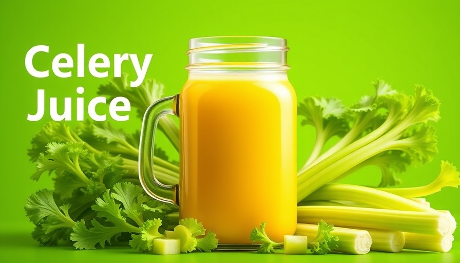 Celery juice health benefits concept art with fresh celery and text.