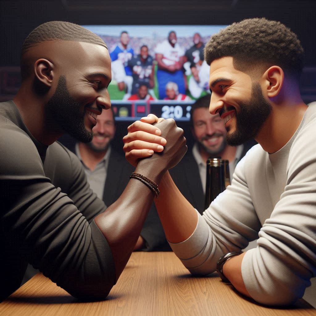 Two men ready to arm wrestle in a lively sports bar setting.
