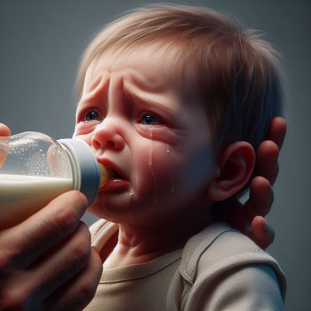 infant feeding from bottle, photorealistic lifelike