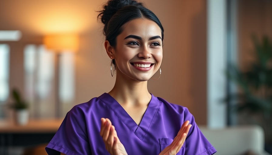 Woman in scrubs expressing gratitude indoors, successful pregnancy after loss.
