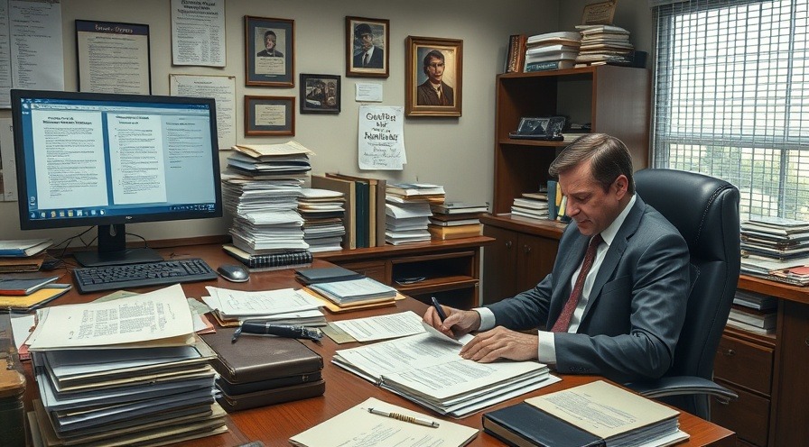 Professional office scene with a cluttered desk and legal documents, creating a tense atmosphere.