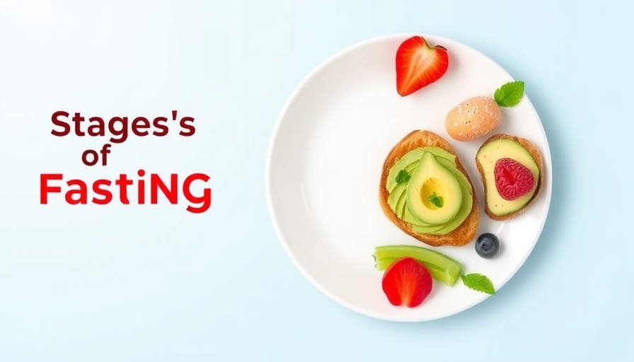 Graphic of fasting stages with food on a plate, light blue background.