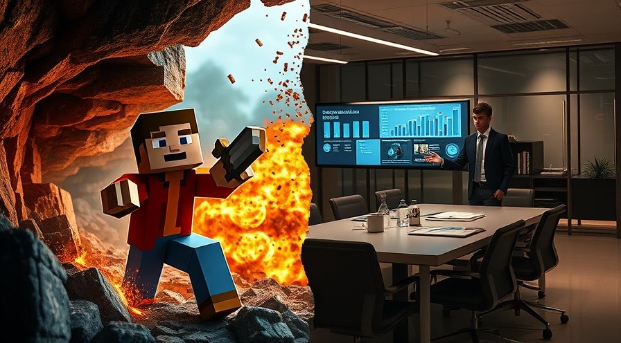 Cinematic split-screen: Minecraft character escaping creeper vs. young professional presenting data.