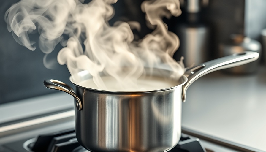 Boiling milk in a saucepan on a stove, showing steam rising.