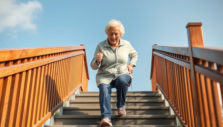 Elderly woman exercises by descending stairs, arthritis-friendly.