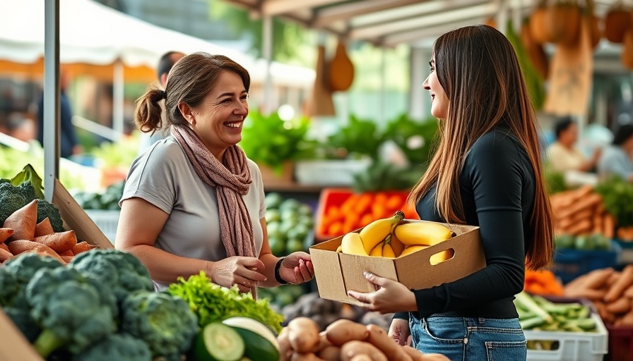 Women engaging at a rural NC farmers market with fresh produce.