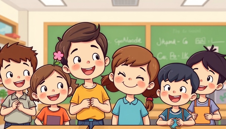 Cartoon of children with adult in classroom, promoting support for anxiety in children.