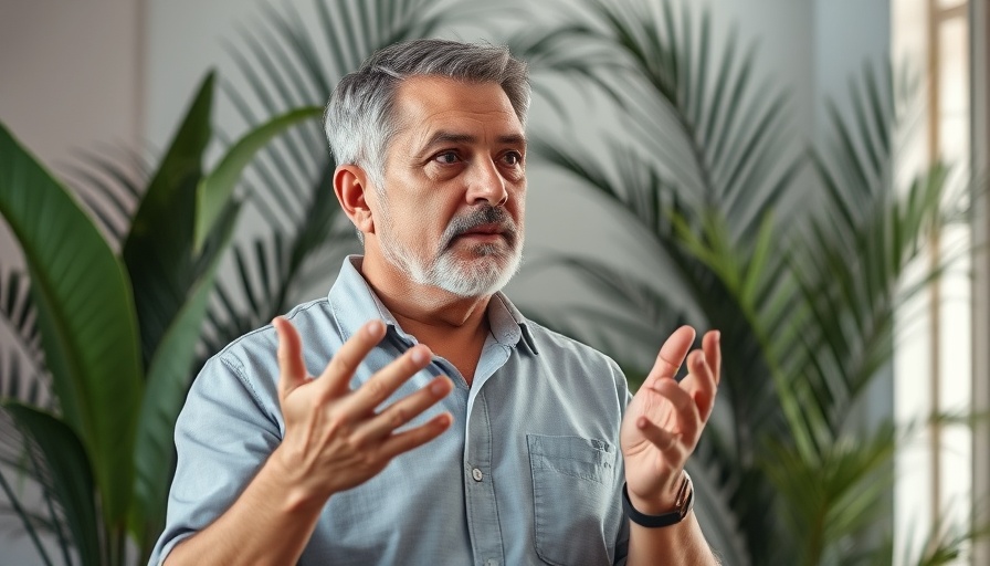 Middle-aged man gestures, embodies 'Treasure the Body You Live In' message indoors.