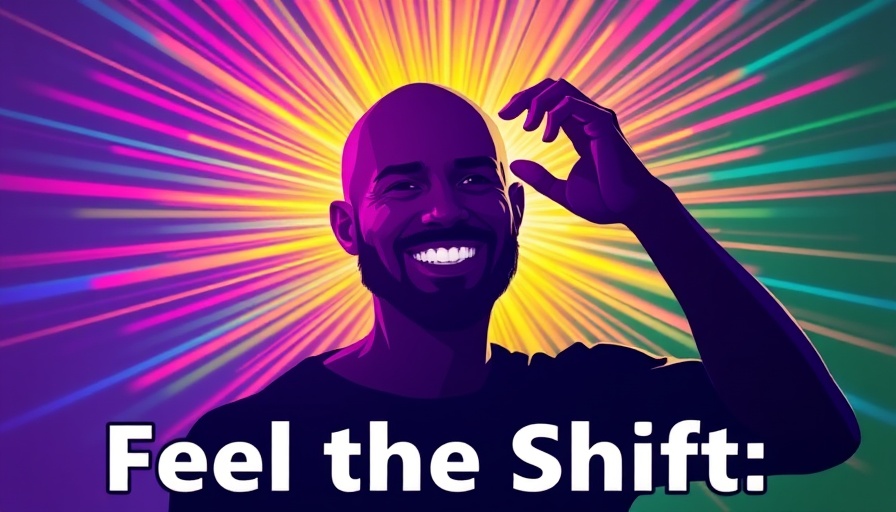 Vibrant art of silhouette with energy waves by smiling man, text 'Feel the Shift', humming for wellness.