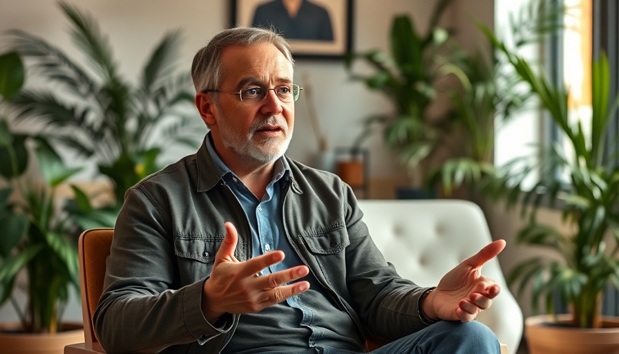 Middle-aged man explaining shin health benefits indoors.