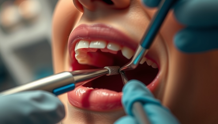 Close-up of dental procedure with tools showing cavity filling.