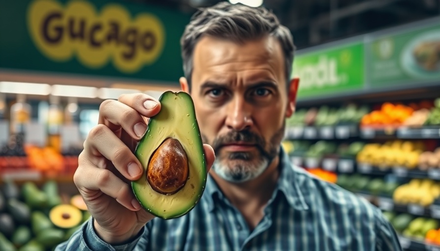 Man in store holding avocado, questioning avocado's environmental impact.