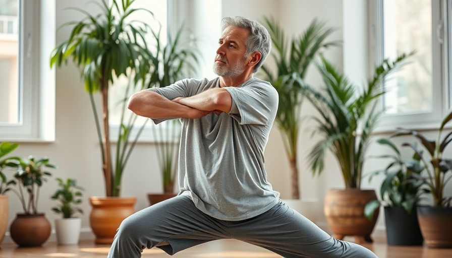 Man demonstrating a lunge stretch to relieve back pain indoors.