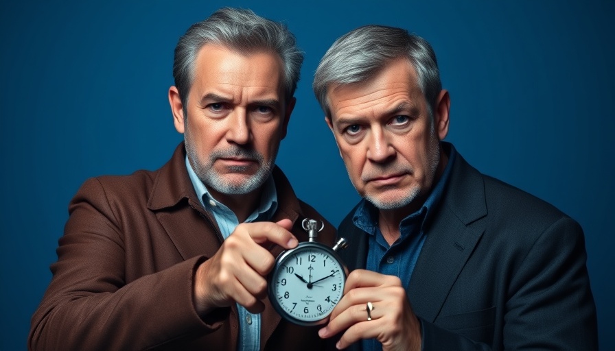 Stop Eating for 5 Days concept with two serious men and stopwatch.