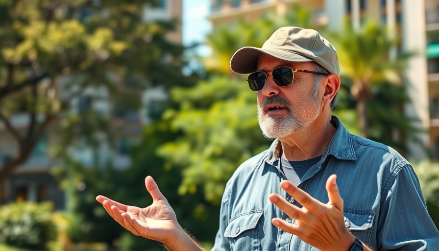 Casual middle-aged man sharing health and wellness insights outdoors.