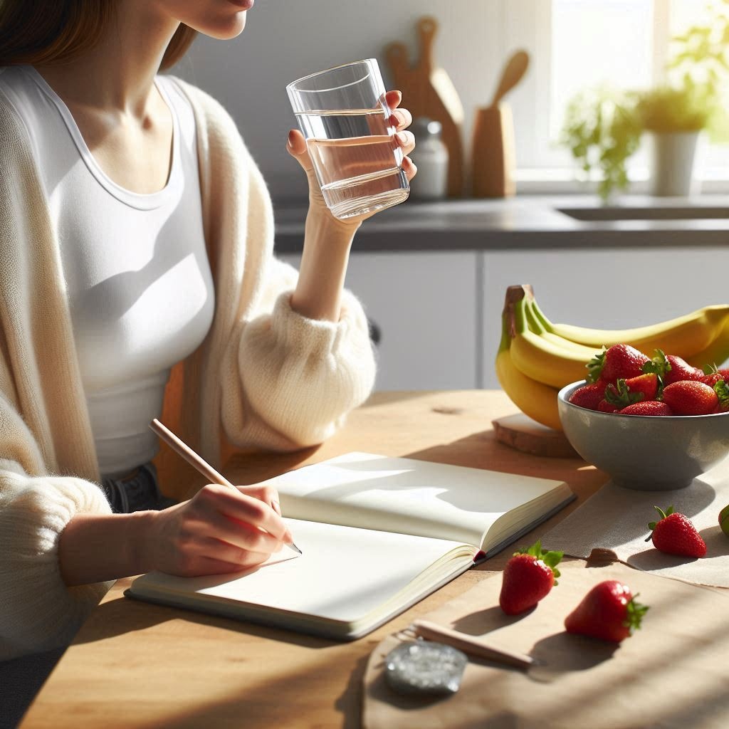 woman drinking water at a sunny kitchen table, with bowls of fresh fruit 