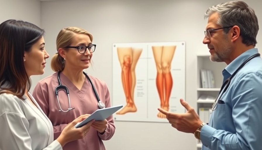 Healthcare professionals explaining Achilles tendon rupture treatment options with a detailed anatomical illustration.