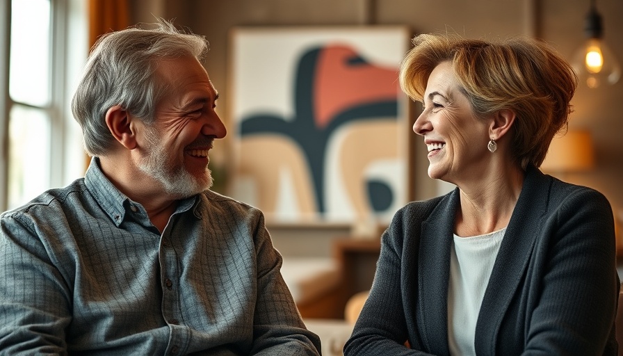 Breathing trick for stress relief, smiling couple talking indoors.