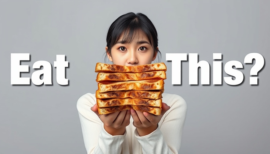 Asian woman holding stack of bread, 'Eat This?' text questioning diet choices.