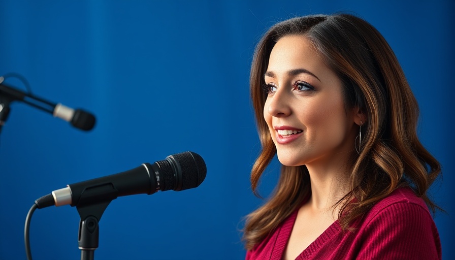 Confident woman discussing age and fertility into a microphone.