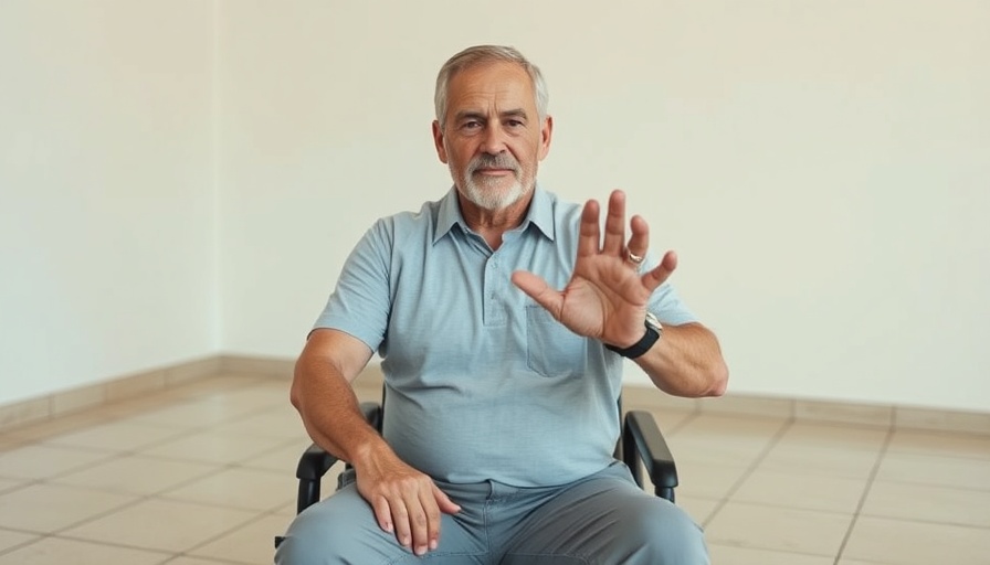 Man boosting circulation through hand exercise indoors.