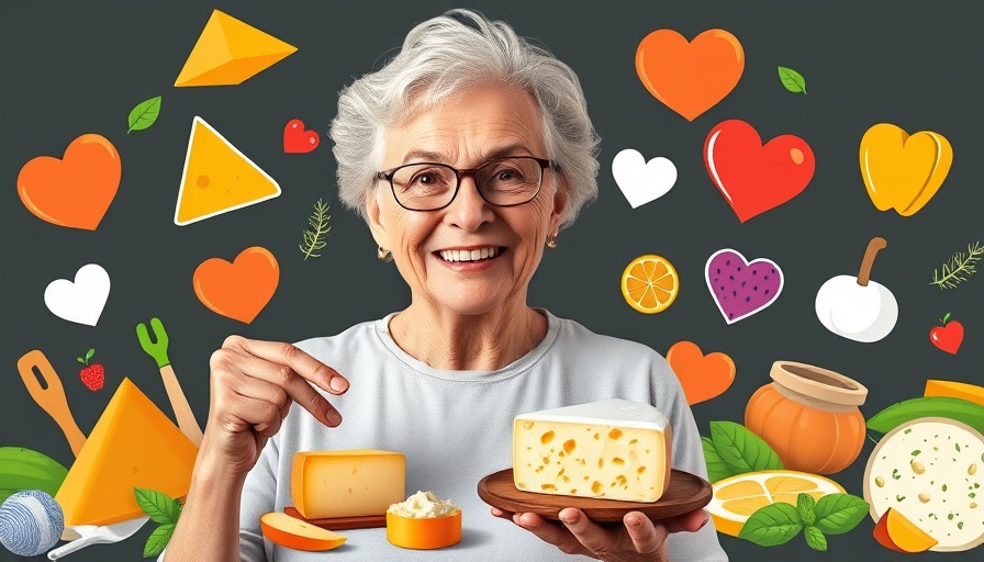 Cheeses for seniors: older woman with cheese, health symbols.