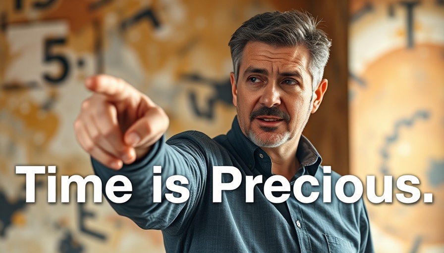 Time is Precious text with a focused man pointing, abstract background.