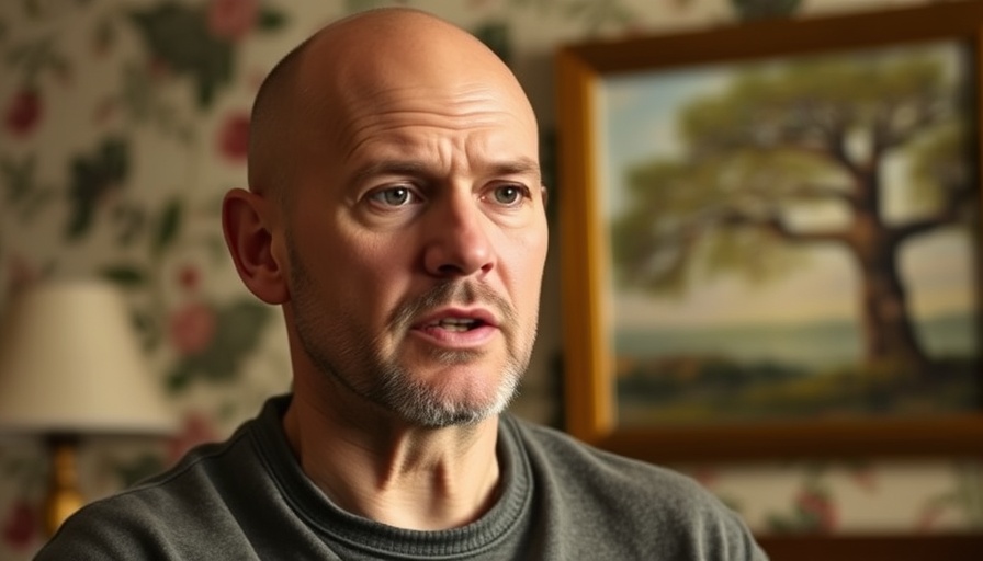 Bald man emphasizing 'Heal Yourself to Heal Your Family' message indoors.