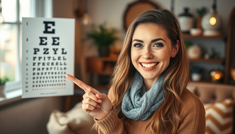 Smiling woman promoting at-home eye tests.
