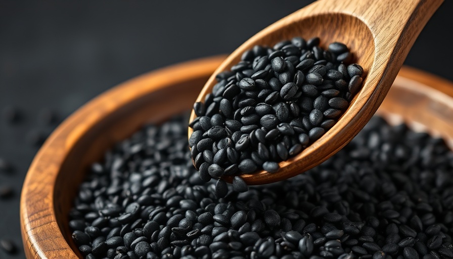 Close-up of black sesame seeds being poured from a spoon into a bowl, showcasing benefits.