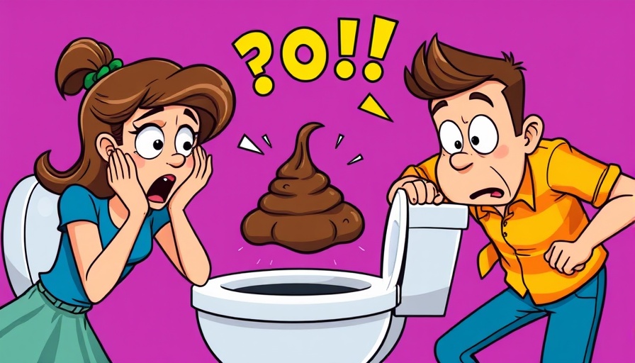 Cartoon shocked reactions to floating poop in a toilet, purple background.