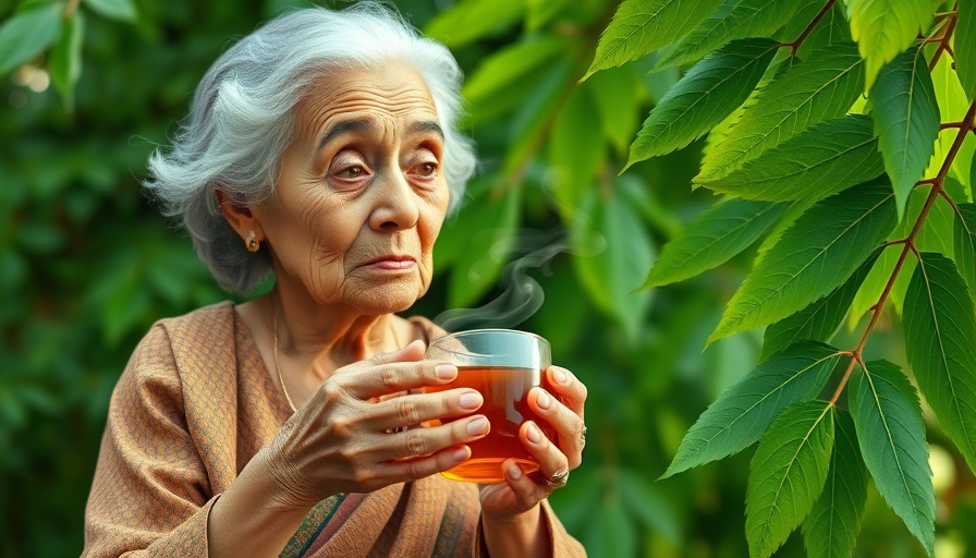 Holistic solutions: Elderly woman with herbal tea and neem leaves.