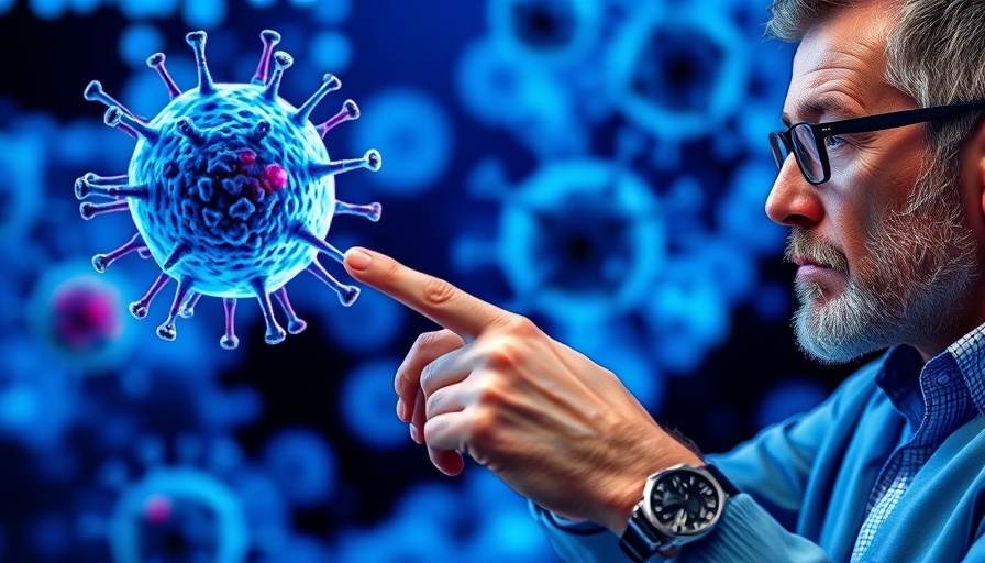 Focused man highlights cancer prevention strategies with cell illustration.