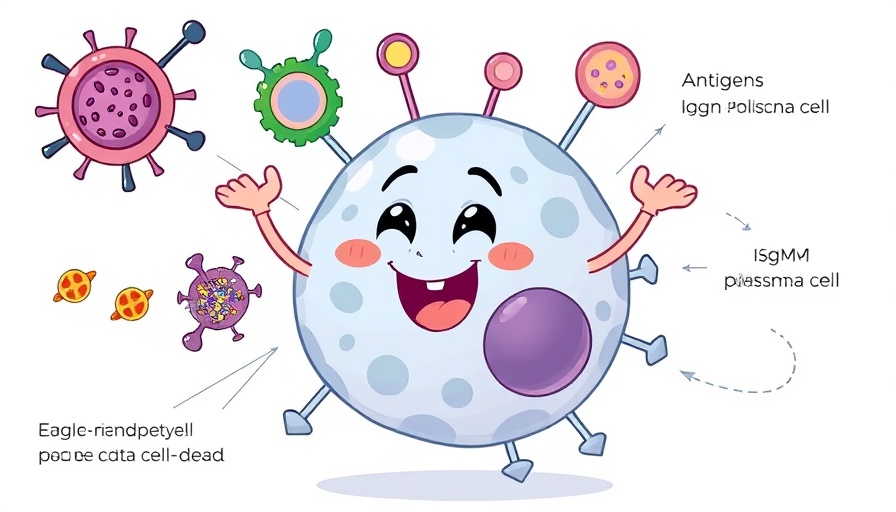 Cartoon of B-cell activation showing antigen interaction and plasma cell formation.