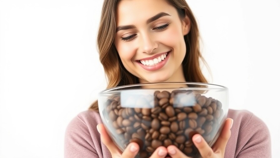 Smiling woman with coffee beans highlighting health benefits of morning coffee.