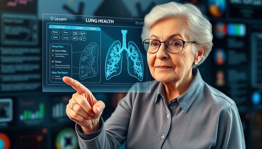 Older woman points at lung health chart in digital infographic, check lung health at home.