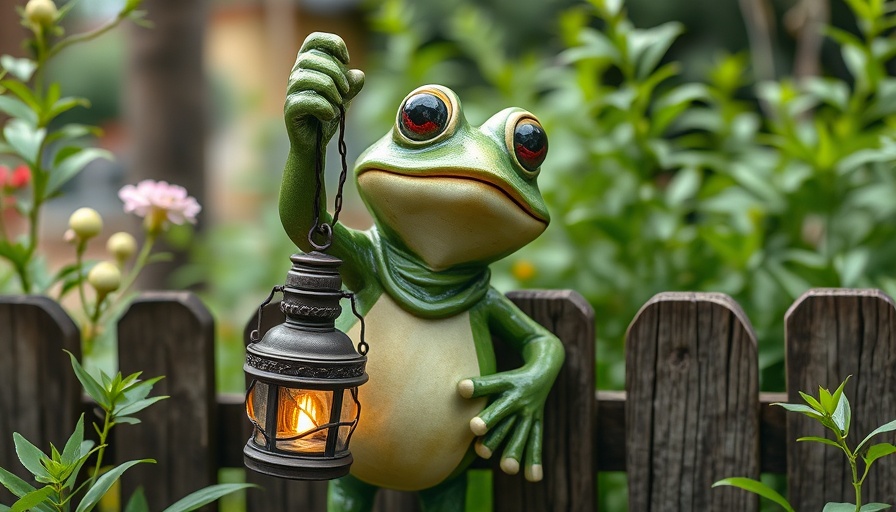 Whimsical frog sculpture at Cape Fear Winery near Wilmington NC, holding a lantern.