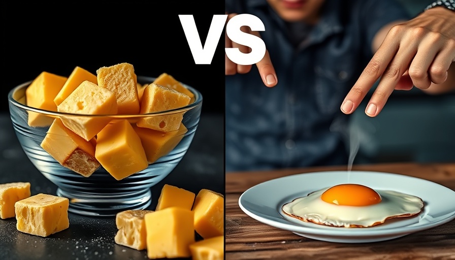 Comparative image with cheese vs. fried egg, highlighting high-protein foods better than eggs.
